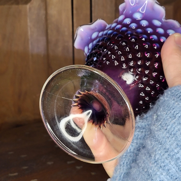 Fenton Art Glass Plum Opalescent Hobnail Ruffled Compote. - Picture 8 of 17